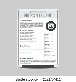 Biographical Data Design Template for Muslim Bride. There have some pieces of information. But More information can be added to express Bride's Personality. Contact Immediately.