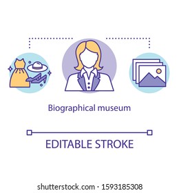 Biographical museum concept icon. Famous person belongings. Culture items display. Personal history material idea thin line illustration. Vector isolated outline drawing. Editable stroke