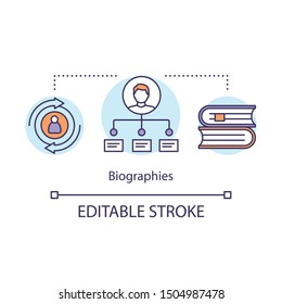 Biographies concept icon. Memoir idea thin line illustration. Life history written in book. Personal life information, literature genre. Vector isolated outline drawing. Editable stroke