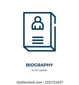 Biography icon. Linear vector illustration from in the library collection. Outline biography icon vector. Thin line symbol for use on web and mobile apps, logo, print media.