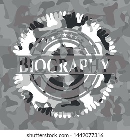 Biography on grey camo pattern
