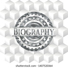 Biography realistic grey emblem with cube white background