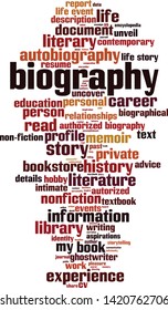 Biography word cloud concept. Collage made of words about biography. Vector illustration