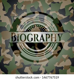 Biography written on a camo texture. Vector Illustration. Detailed.