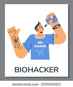 Biohacker banner or card template with man managing his own biology using medical, nutritional and electronic techniques, flat vector illustration on white background.