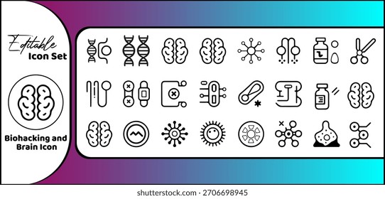 Conjunto de iconos de línea de Tecnología de biohacking y Ciencia cerebral