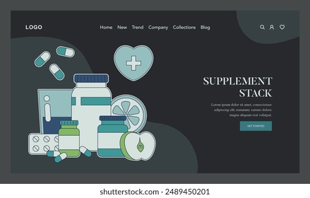 Concepto de biohacking. Una variedad de suplementos y píldoras en una interfaz digital que enfatiza la optimización de la salud personal. Ilustración vectorial.