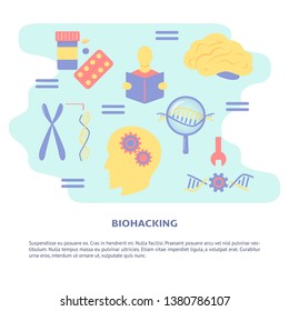 Biohacking concept banner in flat style with place for text