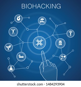 biohacking concept, blue background. organic food, healthy sleeping, meditation, drugs icons