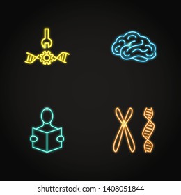 Biohacking concept icon set in neon style. Gene changing symbols including DNA spiral, chromosome, brain. Vector illustration.