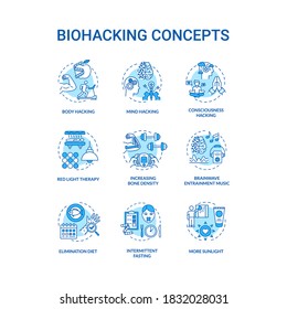 Biohacking concept icons set. DIY biology, health improvement idea thin line RGB color illustrations. Body and mind productivity increasing. Vector isolated outline drawings. Editable stroke