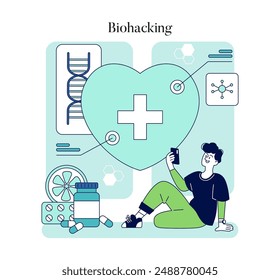 Biohacking concept. Illustrated person engaged with health-improving technologies and supplements. Personal enhancement through science. Vector illustration.