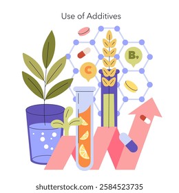 Biohacking concept. Illustration depicting the integration of supplements to enhance health and wellbeing. Nutraceuticals, plant growth, and progress arrow. Vector illustration.