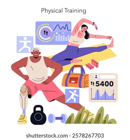 Biohacking concept. Illustration of individuals engaged in fitness training with health monitoring technology. Optimizing wellness through science. Vector illustration.