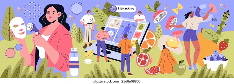 Biohacking concept. Individuals engage in self-improvement through nutrition, technology, and data analysis. Exploring optimal health and wellness. Vector illustration.