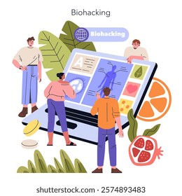 Biohacking concept. Individuals exploring body optimization with modern technology amidst natural elements. Human enhancement, health innovation, dietary improvement. Vector illustration.