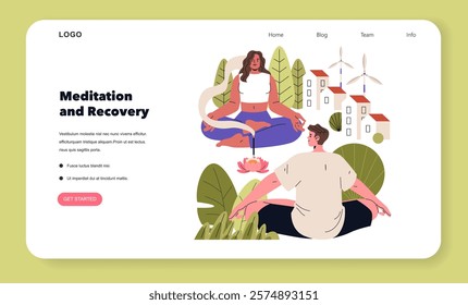 Biohacking concept. Individuals practicing meditation in a sustainable city setting for enhanced well-being. Mindfulness, self-care, and ecology integration. Vector illustration.