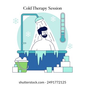 Biohacking concept. Man experiencing the health benefits of cold therapy session. Boosting wellness through temperature exposure. Vector illustration.