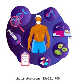 Biohacking concept. Old gray-haired Healthy man. Life Extension Program. Injection Sleeping Tests, Gene DNA, Vitamins, Nutrient-enriched food. Lifestyle discipline Biohacking. Flat vector illustration