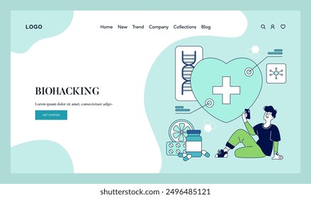 Biohacking concept. A person engages with technology and supplements for self-improvement, surrounded by health symbols. Personal enhancement lifestyle. Vector illustration.