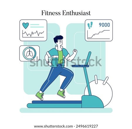 Biohacking concept. A person engages with technology to optimize fitness, showcasing health metrics. Personal enhancement through data and lifestyle. Vector illustration.