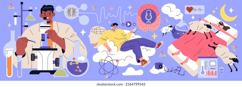 Biohacking concept. Personal optimization through science and technology for enhanced body and mind. Sleep tracking, mindful meditation, and nutrition analysis. Vector illustration.