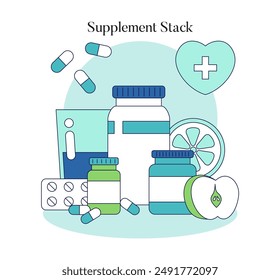 Biohacking concept. Personalized supplement stack for wellness with vitamins, minerals, and natural extracts. Health optimization. Vector illustration.