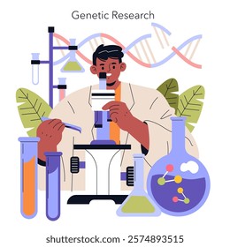 Biohacking concept. Researcher using a microscope for genetic experiments surrounded by laboratory equipment. Science and innovation. Vector illustration.