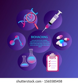 Biohacking concept scheme. Healthy lifestyle regime. Life Extension Self Improvement Program. Injection, Tests, Gene DNA Vitamins Nutrient-enriched food. Discipline Biohacking Flat vector illustration