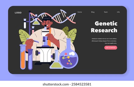 Biohacking concept. A scientist analyzes DNA structures with a microscope amidst lab equipment. Futuristic genetic modification research. Vector illustration.