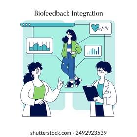 Biohacking concept. Scientists integrate biofeedback technology with human analysis. Innovation in personalized healthcare and self-improvement. Vector illustration.