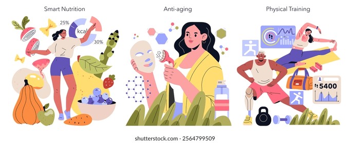 Biohacking concept set. Optimizing health through smart nutrition, anti-aging techniques, and physical training. Personal optimization with lifestyle changes. Vector illustration.