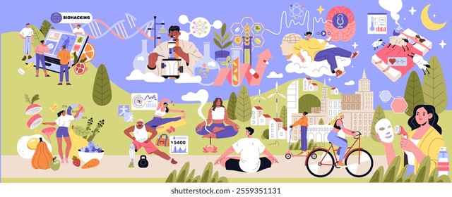 Biohacking concept set. Personalized nutrition analysis and fitness activities. Mental health, sleep optimization, and sustainable lifestyle practices. Vector illustration.