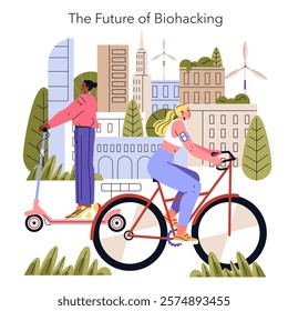 Biohacking concept. Urban citizens with wearable technology optimizing health in a sustainable cityscape. Personal enhancement through biotech. Vector illustration.