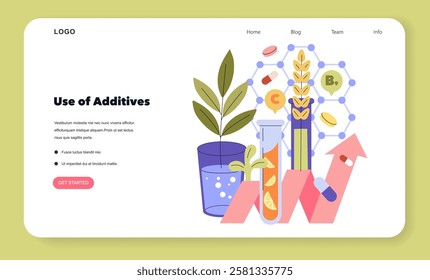 Biohacking concept. Visual representation of dietary supplements usage, nutrient optimization, and health enhancement. Plant, pills, and molecular structures. Vector illustration.