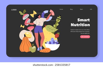 Biohacking concept. Woman balances diet with technology assistance, showcasing nutritional values and healthy food choices. Digital health optimization. Vector illustration.