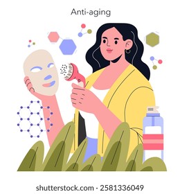 Biohacking concept. Woman engages in skincare routine using advanced anti-aging treatments and tools. Personal health optimization for youthfulness. Vector illustration.