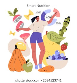 Biohacking concept. Woman managing her nutrition with a pie chart and food illustrations. Personalized diet, health optimization and lifestyle. Vector illustration.