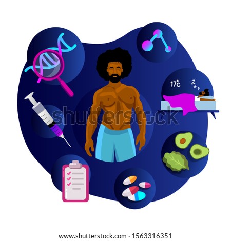 Biohacking concept. Young African Athletic Muscular Healthy man. Injection Sleeping Analysis, Gene Syringe, DNA, Vitamins Nutrient-enriched food. Lifestyle discipline Program. Flat vector illustration