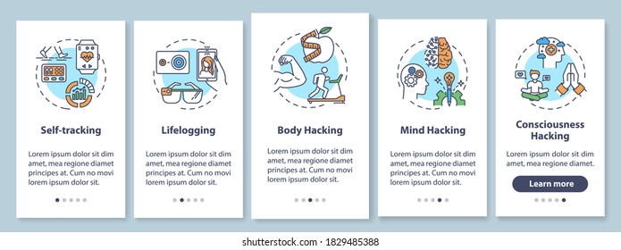Biohacking elements onboarding mobile app page screen with concepts. DIY biology and body hacking walkthrough five steps graphic instructions. UI vector template with RGB color illustrations