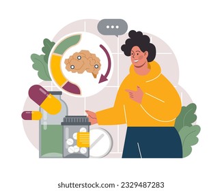 Biohacking. Health' engineering and improving with modern monitoring system, supplements, diet, and lifestyle changes. Human biological well-being and youth maintaining. Flat vector illustration