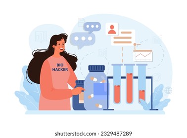 Biohacking. Health' engineering and improving with modern monitoring system, supplements, diet, and lifestyle changes. Human biological well-being and youth maintaining. Flat vector illustration