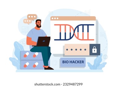 Biohacken. Gesundheitstechnik und -verbesserung mit modernem Überwachungssystem, Nahrungsergänzungen, Ernährungsumstellungen und Veränderungen der Lebensweise. Biologisches Wohlbefinden des Menschen und Erhaltung der Jugend. Flache Vektorgrafik