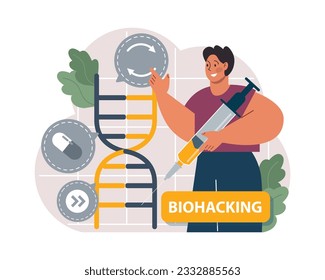 Biohacking. Health' engineering and improving with modern monitoring system, supplements, diet, and lifestyle changes. Human biological well-being and youth maintaining. Flat vector illustration