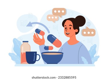 Biohacking. Health' engineering and improving with modern monitoring system, supplements, diet, and lifestyle changes. Human biological well-being and youth maintaining. Flat vector illustration