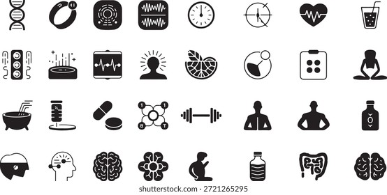 Symbolsatz für Biohacking und Gesundheitsoptimierung. Enthaltend DNA Helices, intelligente Ringe, zirkadiane Uhren, Ergänzungen, Meditationsposen, Gehirnwellen, gesundes Essen und Fitness-Tracking-Symbole.