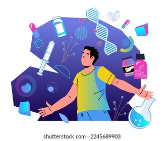 Biohacking healthcare concept of improving functioning of the body through medical research, nutrition and training. Stimulation brain activity and slow down aging.