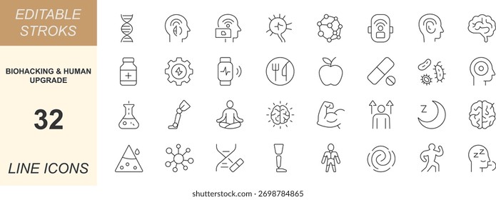 Biohacking and Human Upgrade vector icon set with minimal line art designs of dna, implant, nanotech, wearable, cognition, and performance. Perfect for apps, web, health, and UI projects.