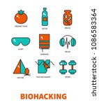 Biohacking, icon set, organic food, healthy lifestyle, relaxation, psychotherapy, pills, nature, education, detox, sport, sleep. Vector stock illustration