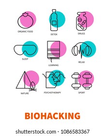 Biohacking, icon set, organic food, healthy lifestyle, relaxation, psychotherapy, pills, nature, detox, sport, sleep. Vector stock illustration